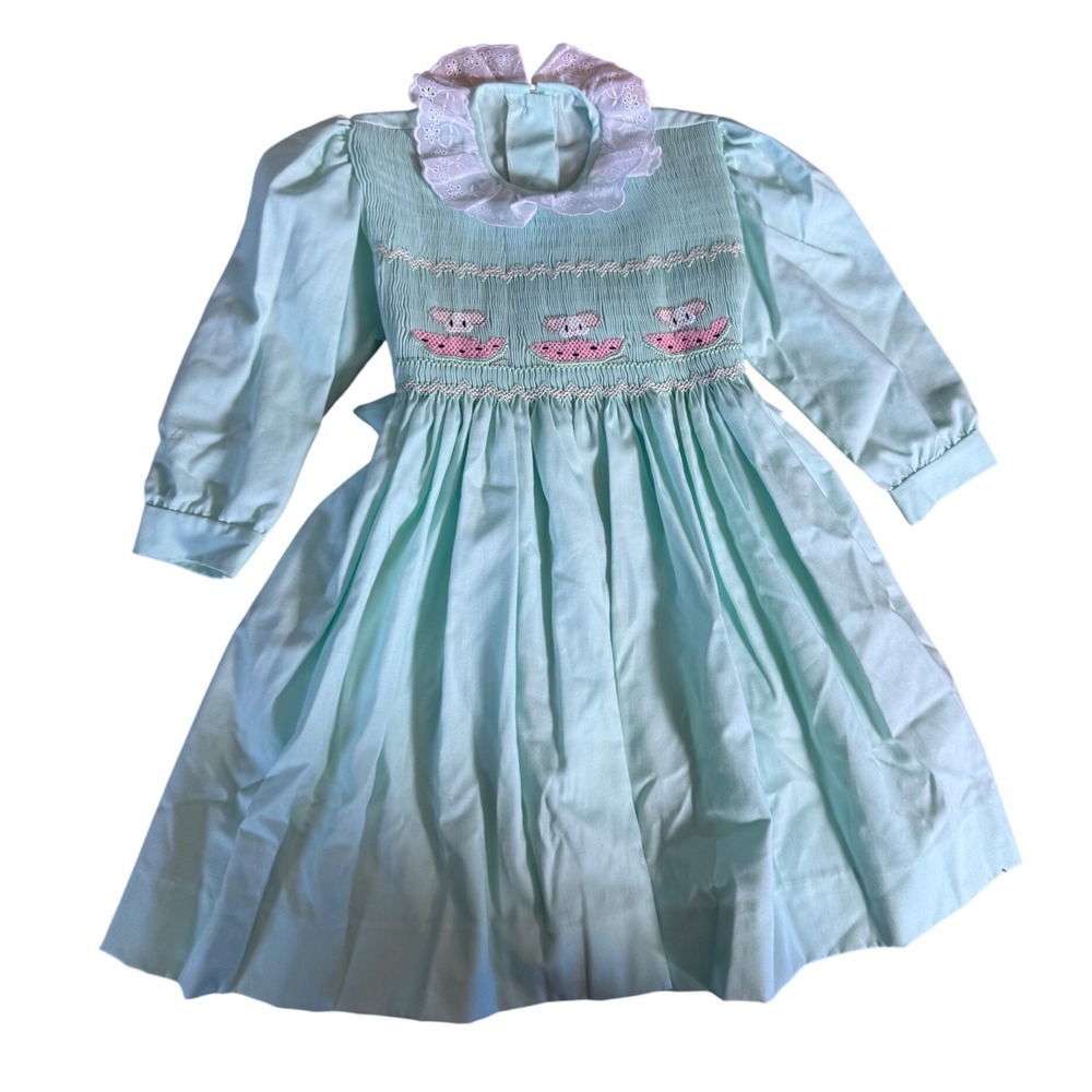 Vintage‎ mint green smocked mice eating watermelon collared girls dress